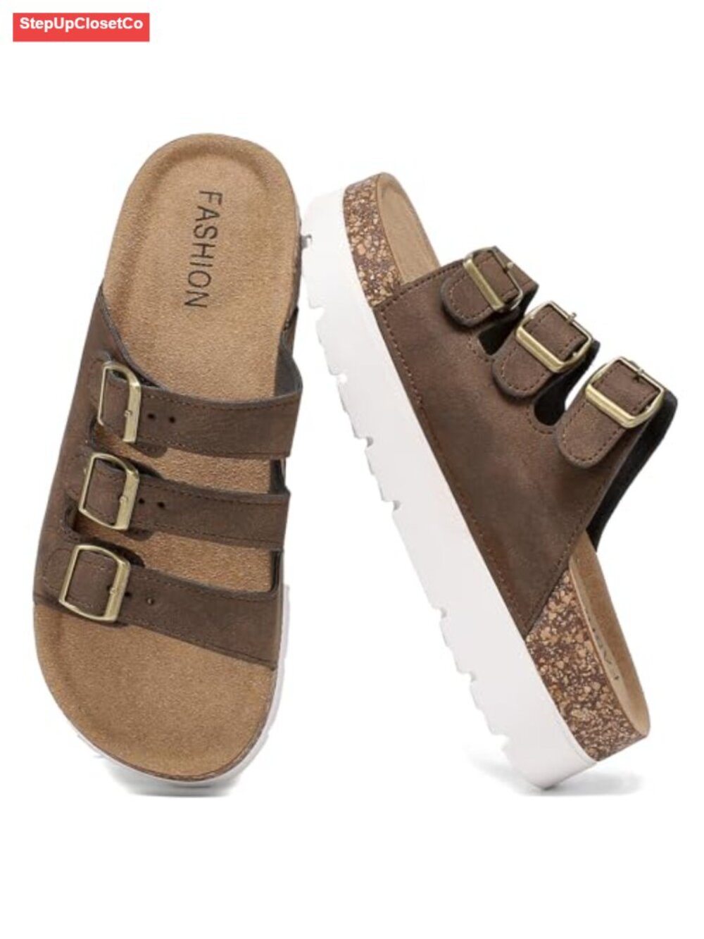 Chunky Cork Platform Sandals with 3 Adjustable Straps, Comfortable Casual